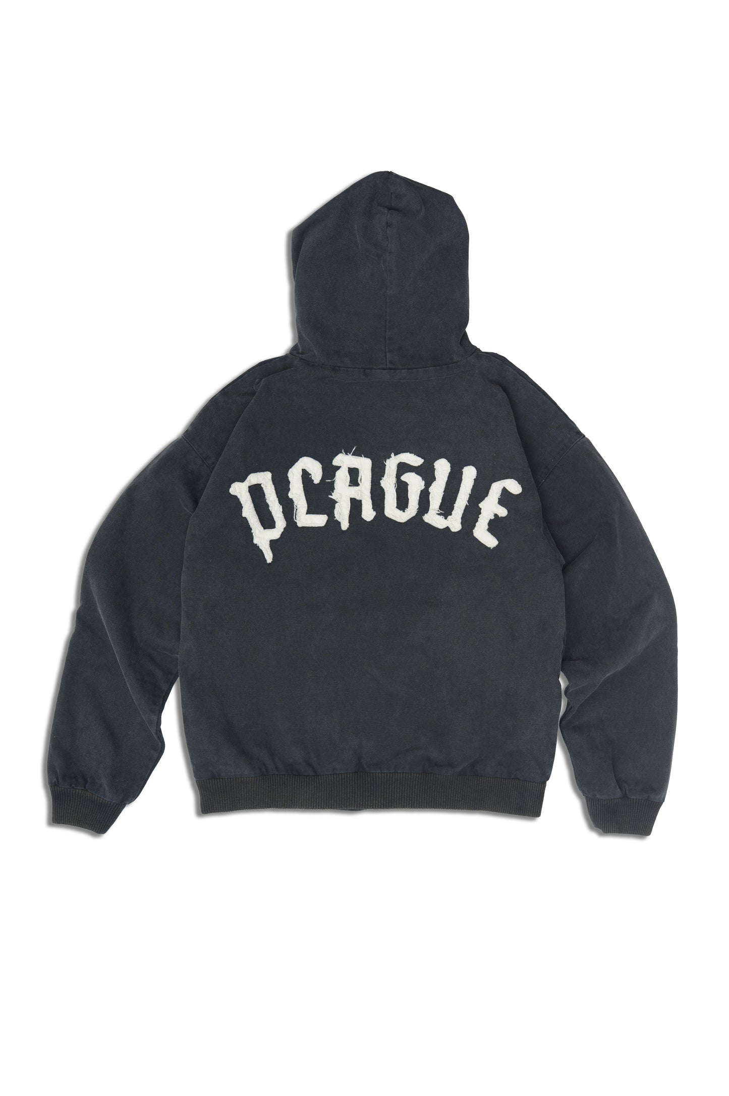 Black hoodie with 'PLAGUE' applique on the back against a white background