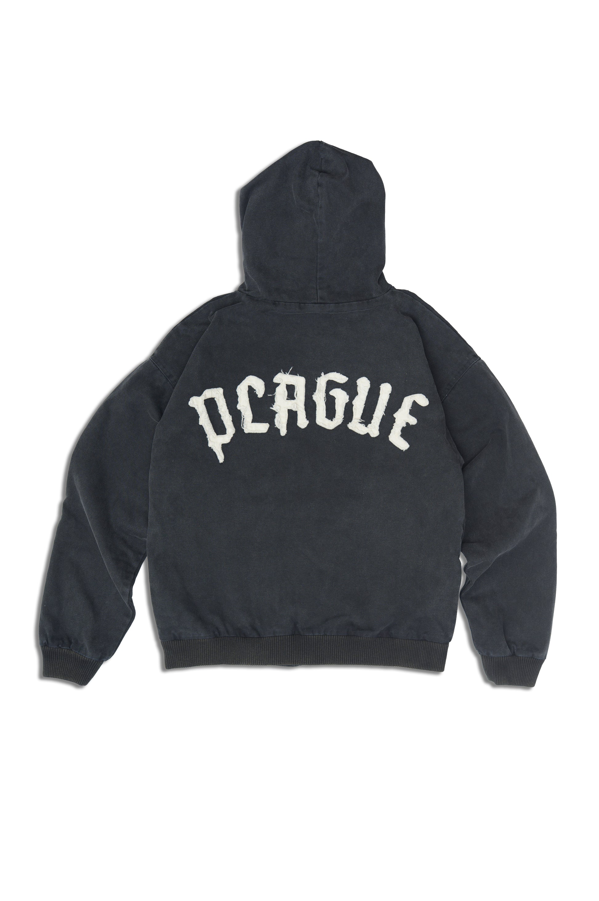 Black hoodie with 'PLAGUE' applique on the back against a white background